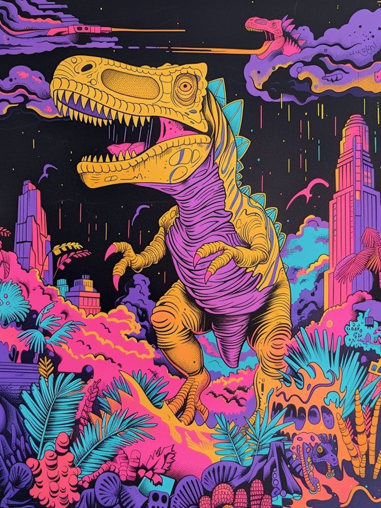 Dinosaur Teal Lilac Cityscape Jurassic Illustration