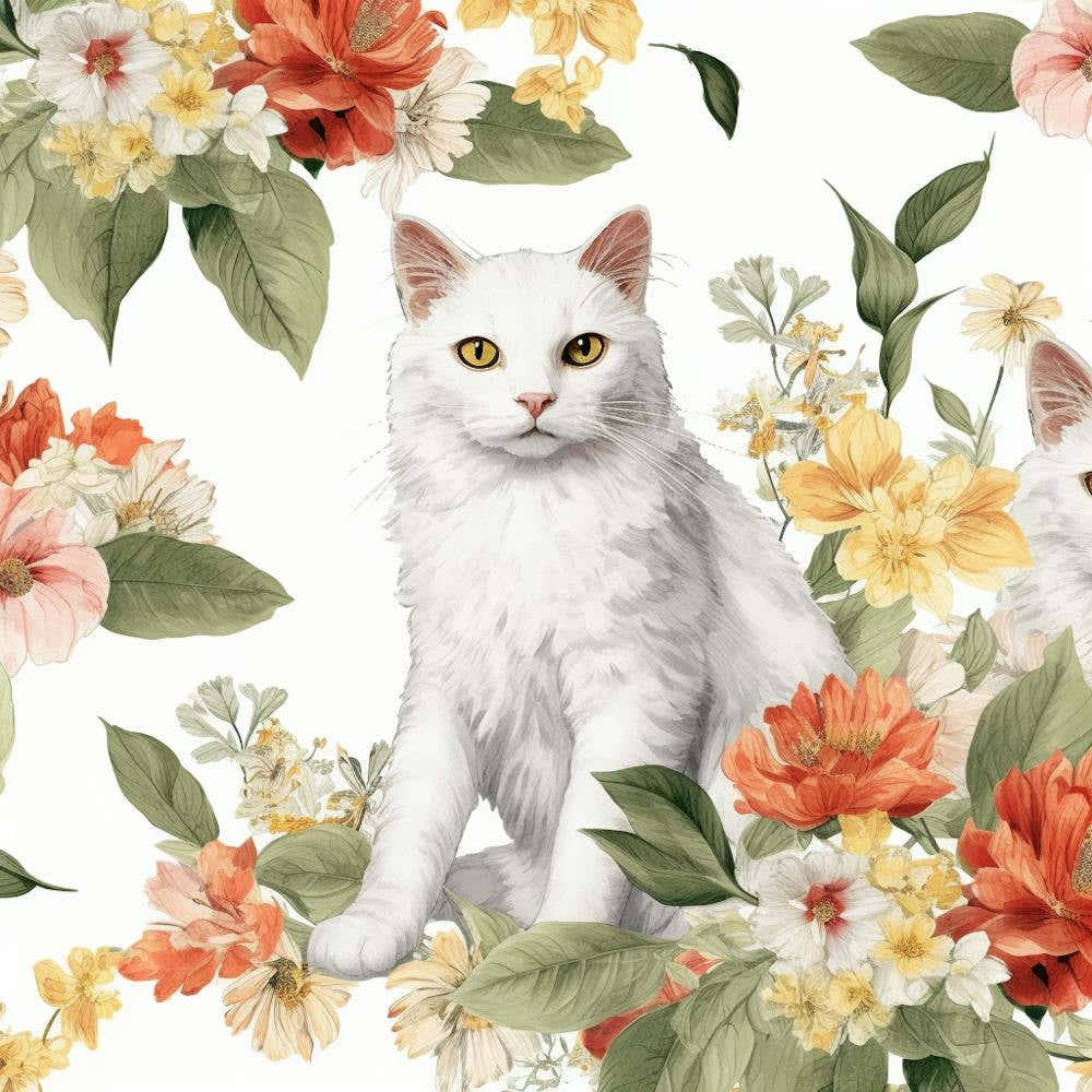 White Cat With Flowers