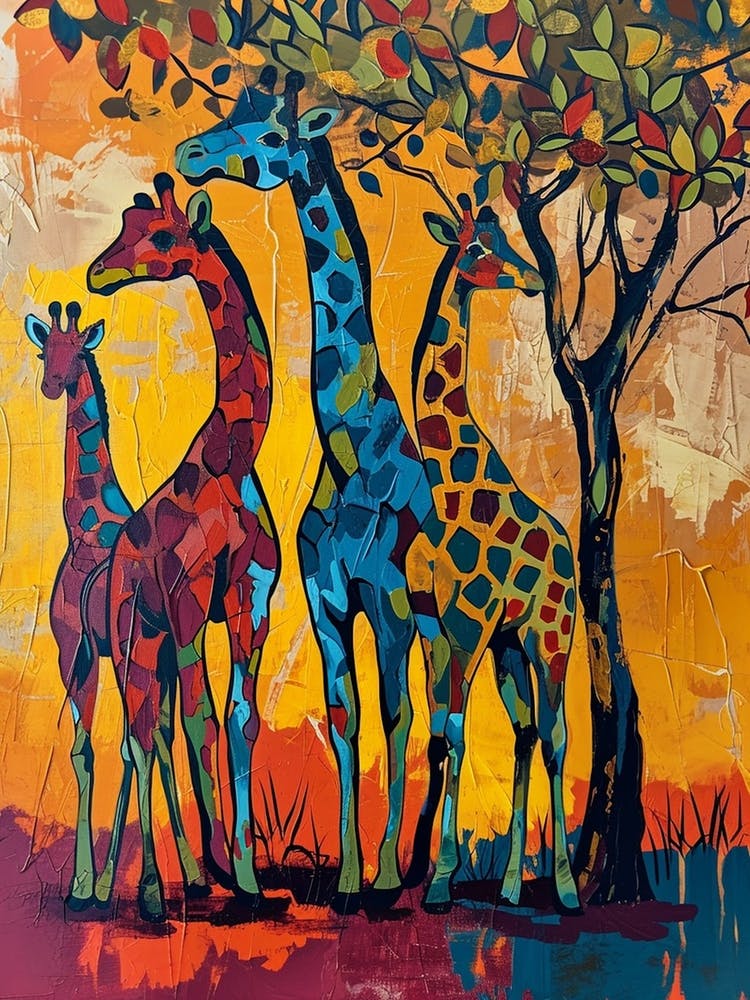 Abstract Giraffe Herd Under The Trees 7