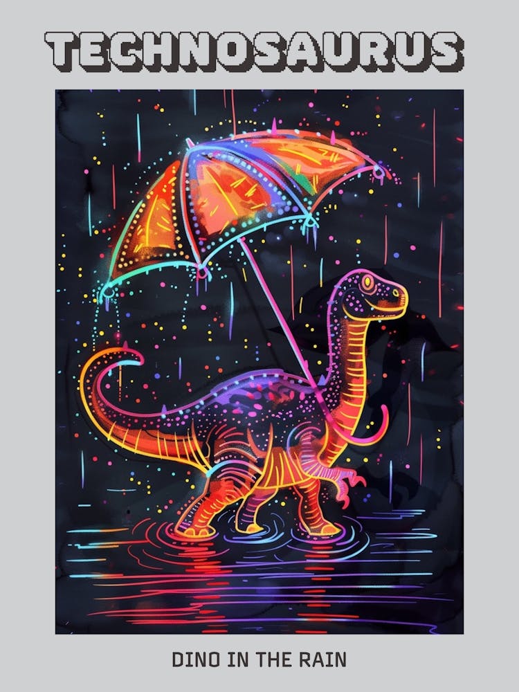 Neon Dinosaurier mit Regenschirm im Regen 4 Poster