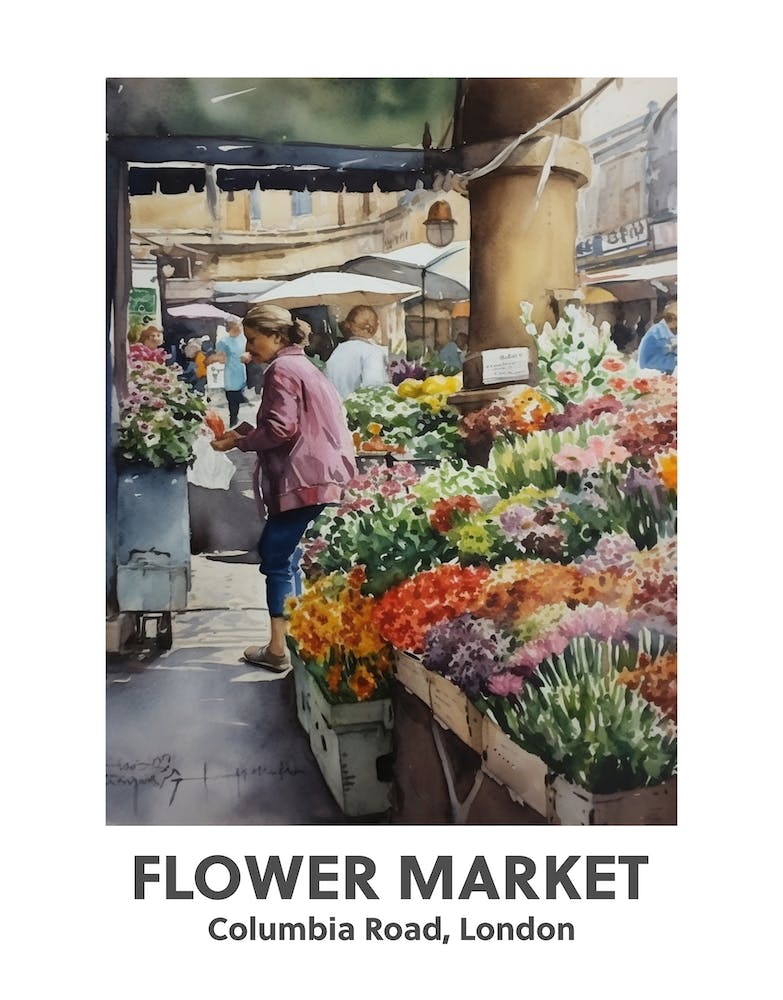 Flower Market, Columbia Road, London 3 Watercolour Travel Poster