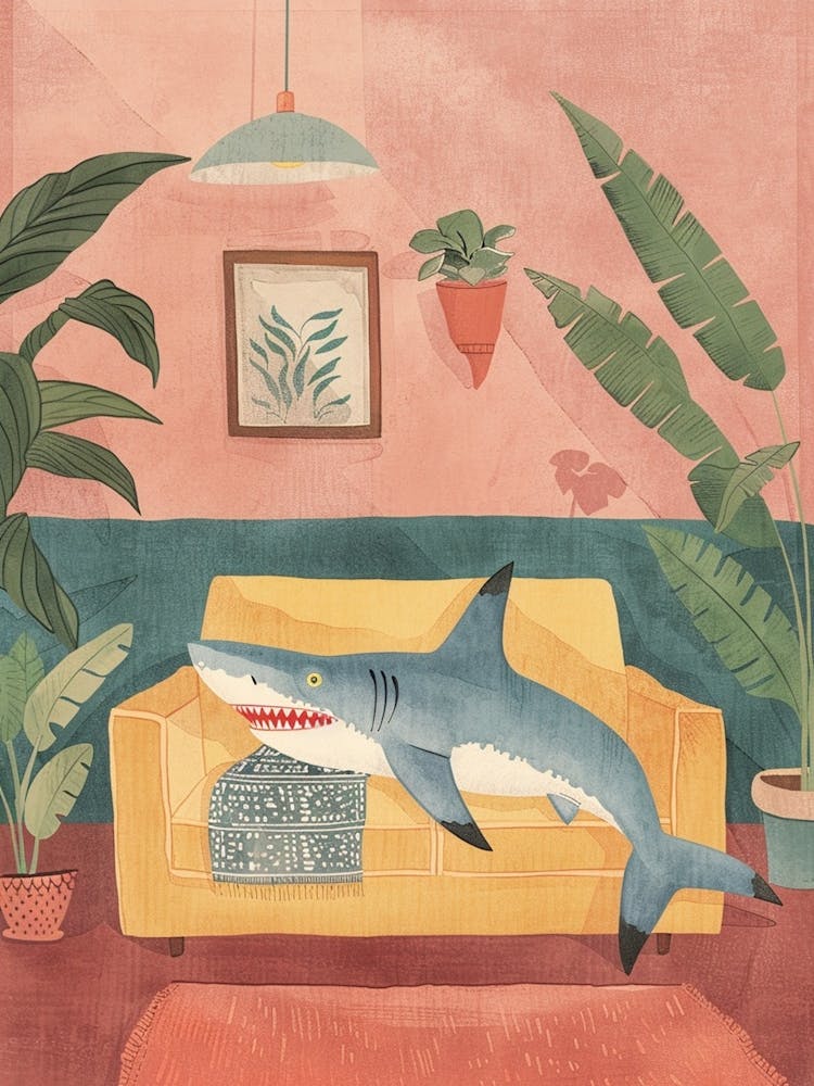 Shark Lying On The Sofa In The Living Room Pastel Watercolour 1