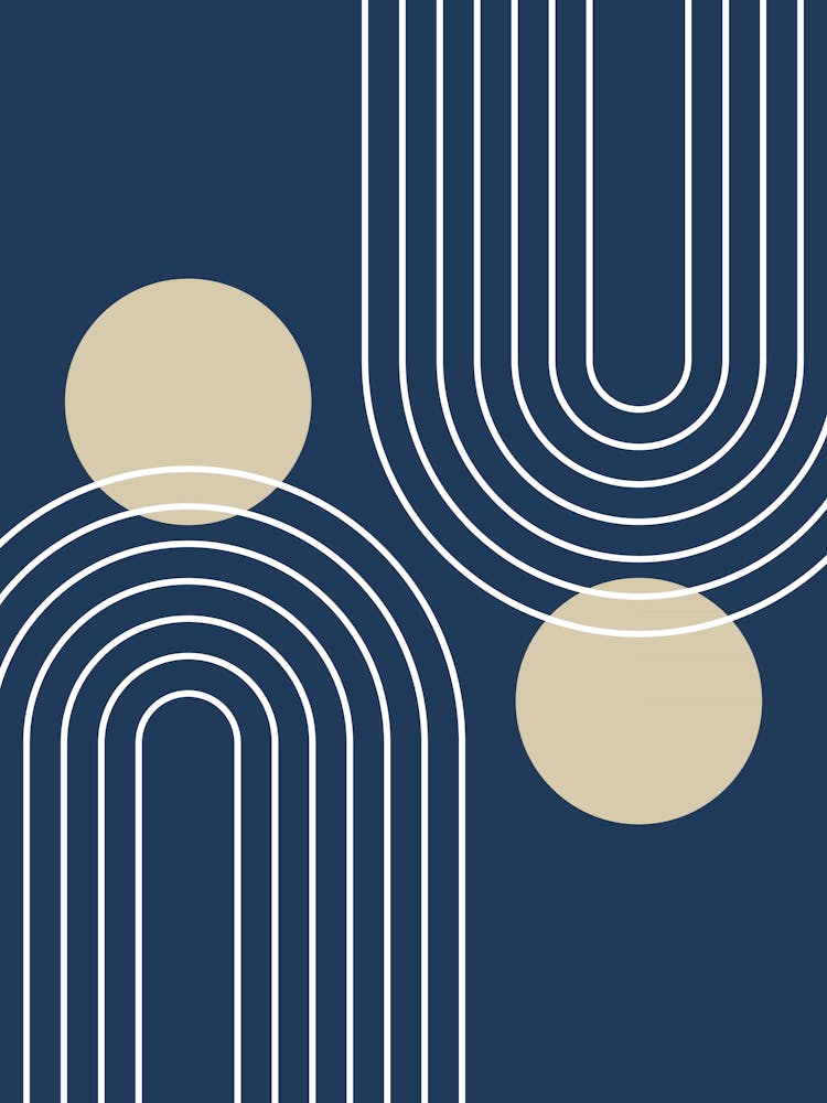 Mid Century Modern Geometric In Navy Blue And Beige (Rainbow And Sun Abstract) 01