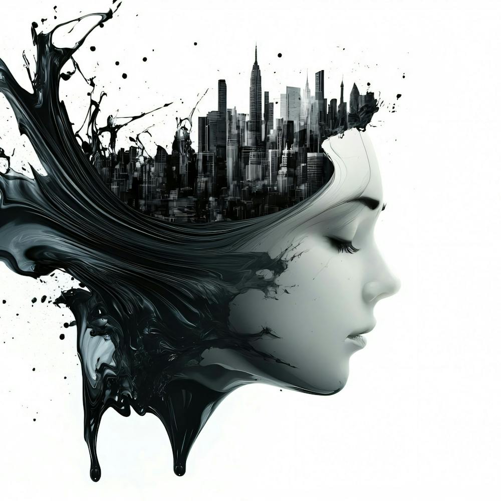 Womans Head in Cityscape