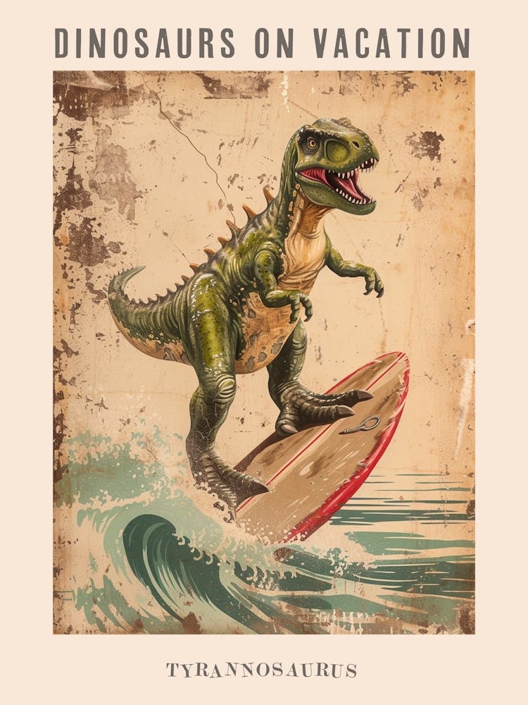 Vintage Tyrannosaurus Dinosaur On A Surf Board 3 Poster