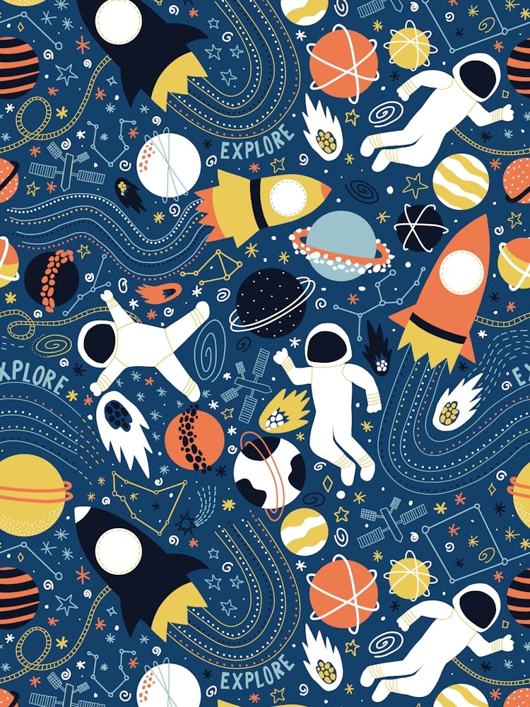 Explore Outer Space - Navy, Blue, Yellow and Orange Universe Kids
