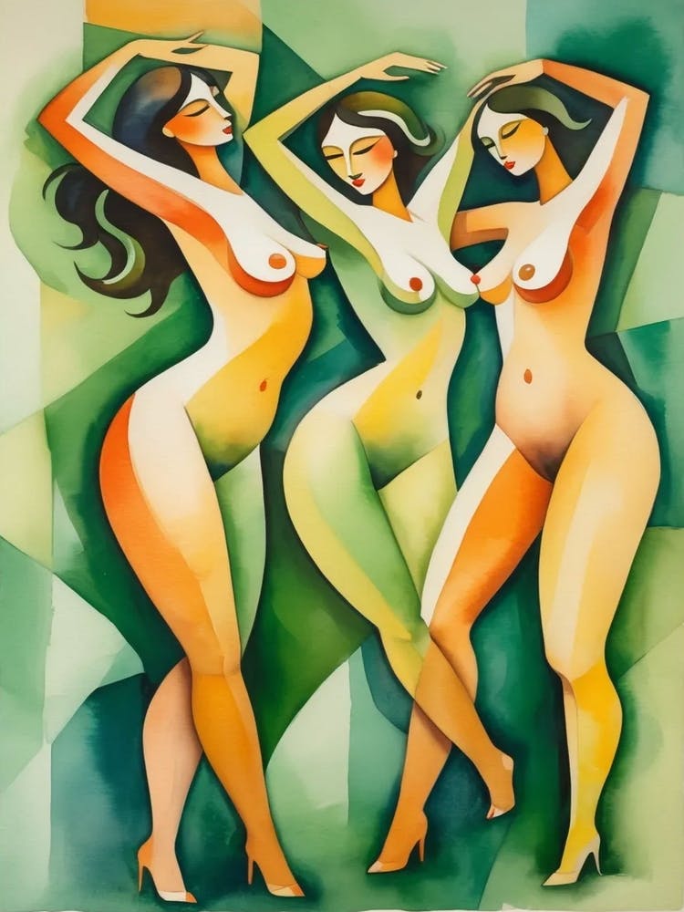 Three Nudes Watercolor Painting