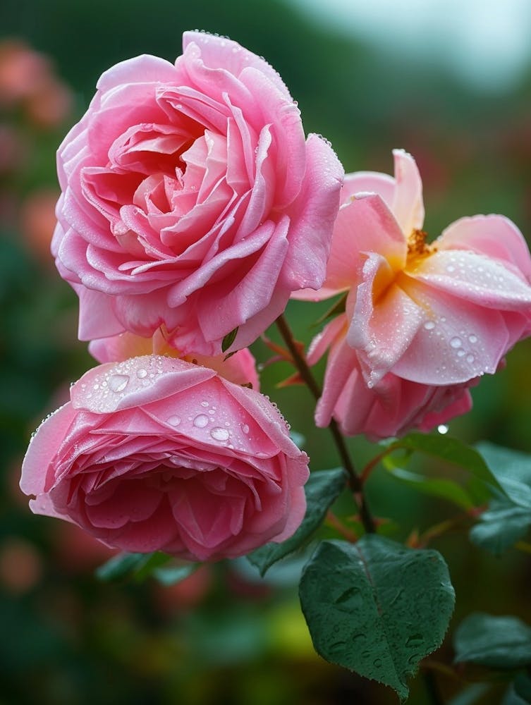 Peinture Roses Anglaises Rose Avec Gouttes de Rosée 2