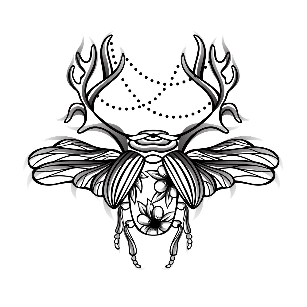 Decorative Beetle With Flowers Black And White