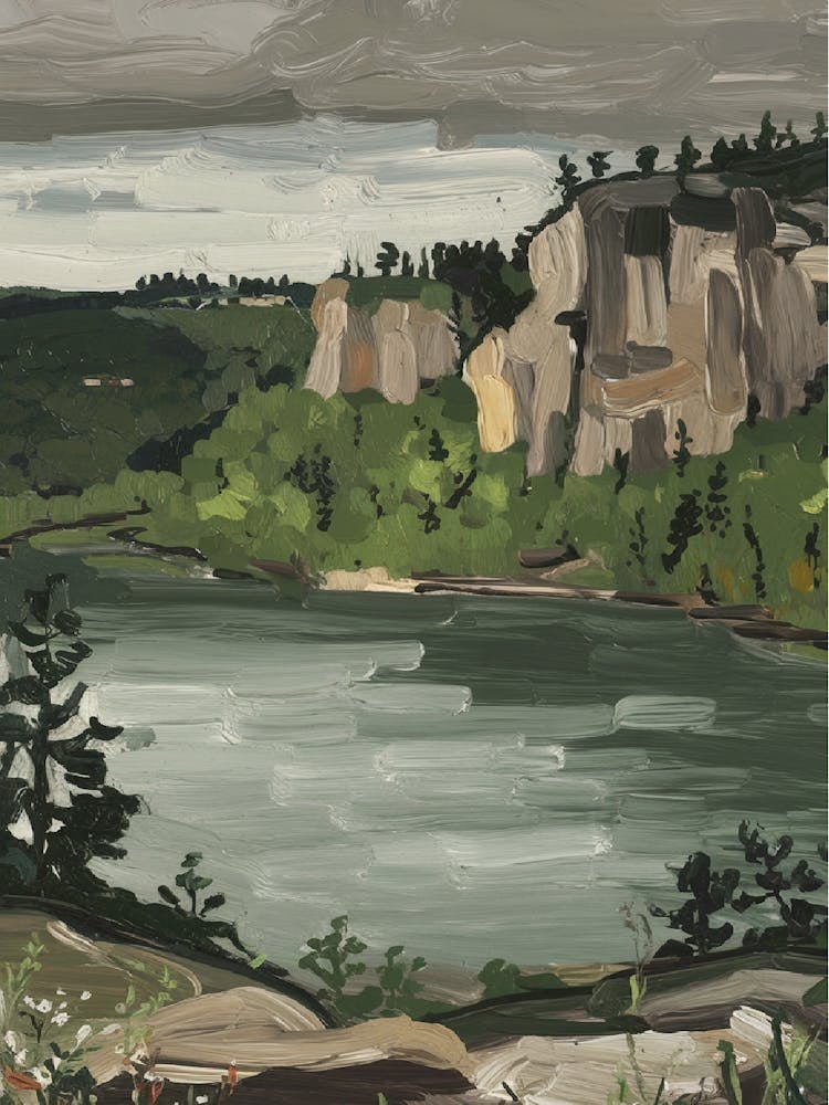 Minimalist Impressionist Landscape Serene Lake Amidst Forest And Rocky Cliffs 3