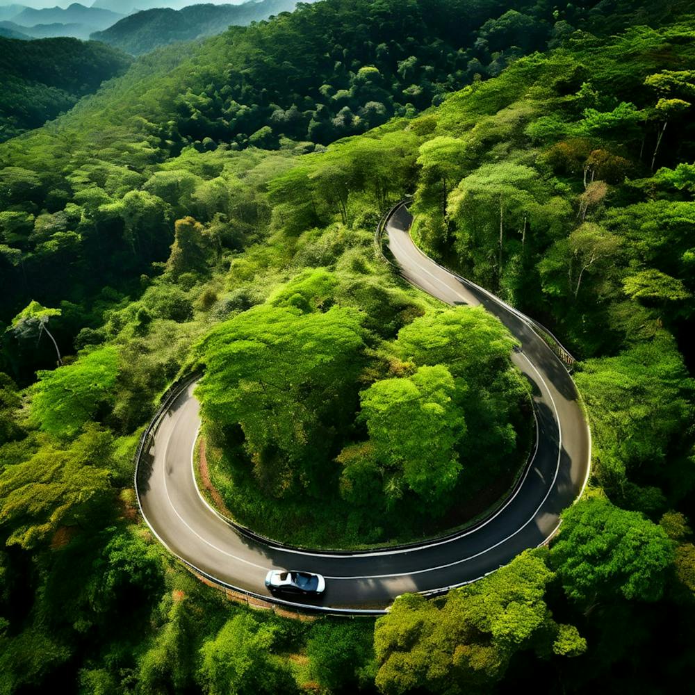 Treetop Car Scenic Tour Tourism Country Rural Green Zigzag Drive Road Background Topview (10)