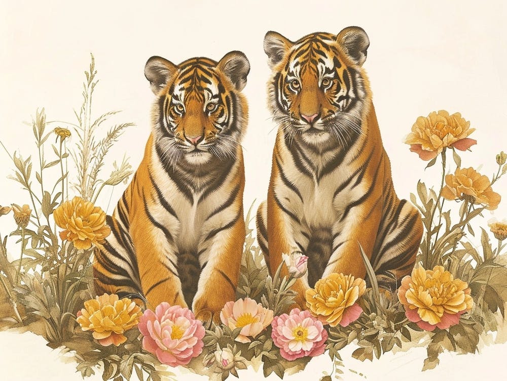 Floral Animal Illustration Bengal Tiger 2