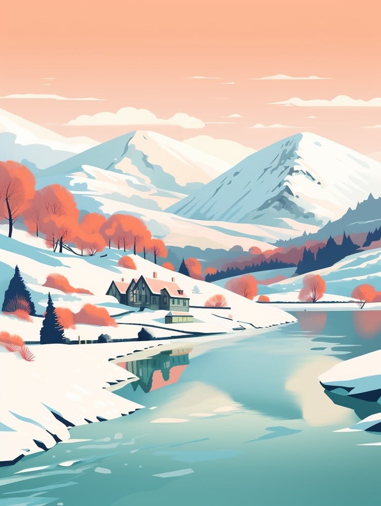 Vintage Winter Travel Illustration Lake District United Kingdom 3