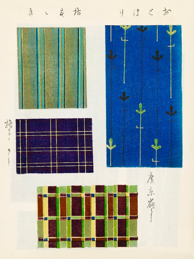 Vintage Ukiyo-e Farbholzschnitt eines japanischen Textils, Shima Shima, Furuya Korin (166)