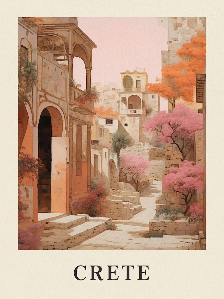 Crete Greece 3 Vintage Pink Travel Illustration Poster
