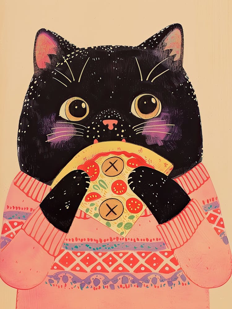 Illustration Folk Chat Noir Mangeant Une Part de Pizza 3