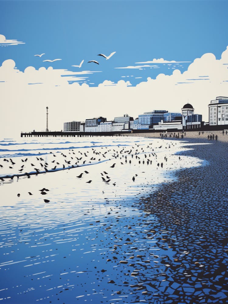 Linocut Of Brighton Beach East Sussex 1
