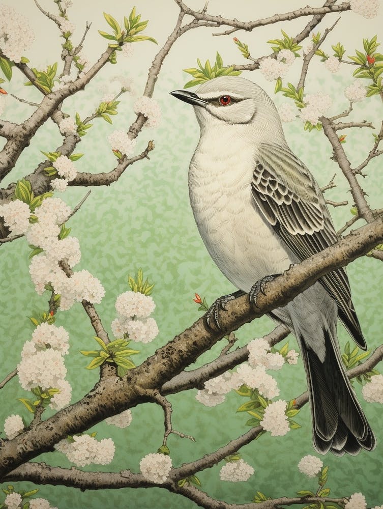 Ohara Koson Inspired Bird Painting Mockingbird 3