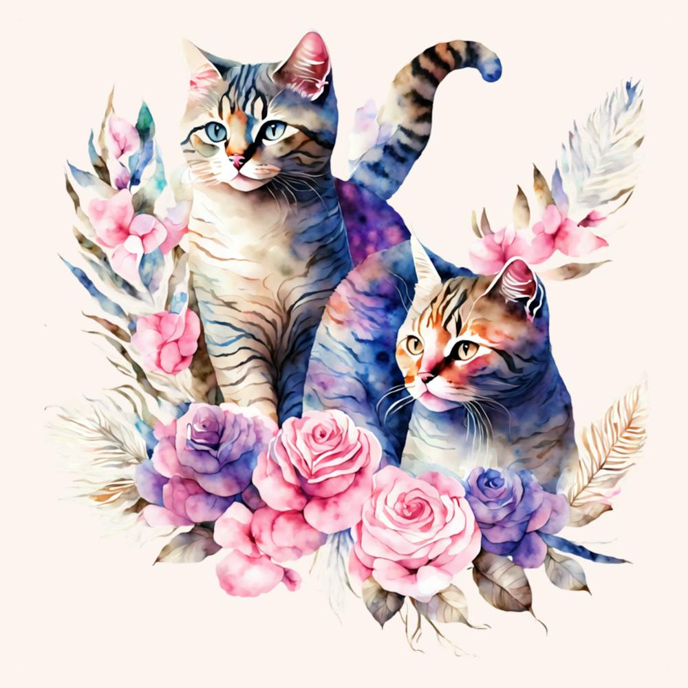 Watercolor Cats With Roses