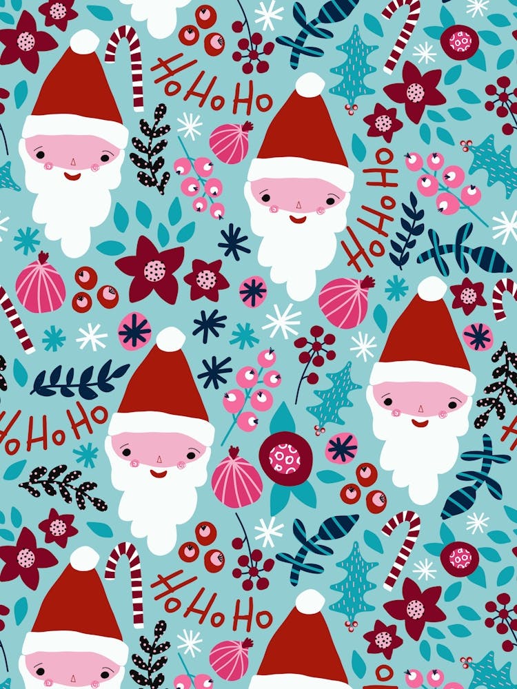 Happy Smiling Santa Faces Red and Pink Winter Botanicals on Blue