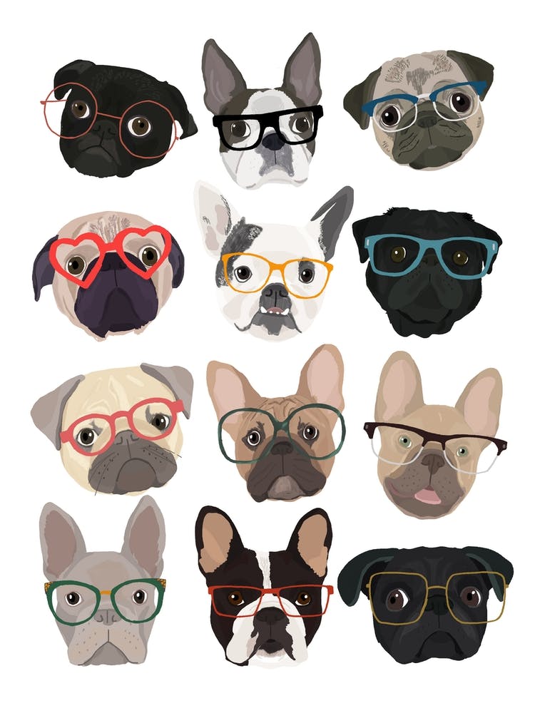 Pugs And French Bulldog In Glasses