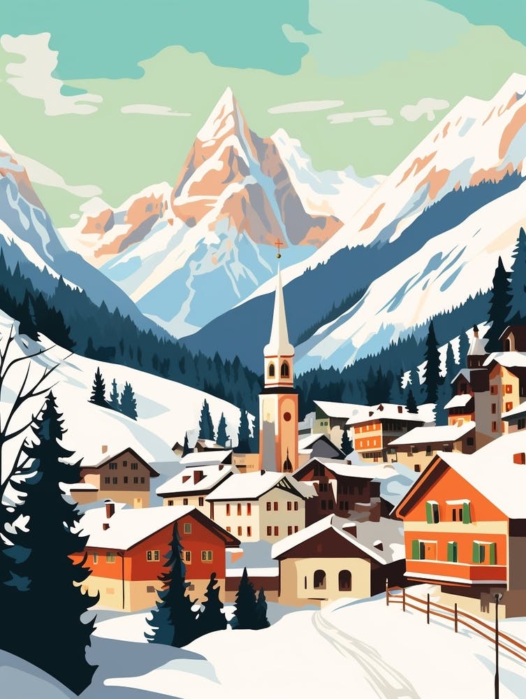 Vintage Winter Travel Illustration Lech Austria 1