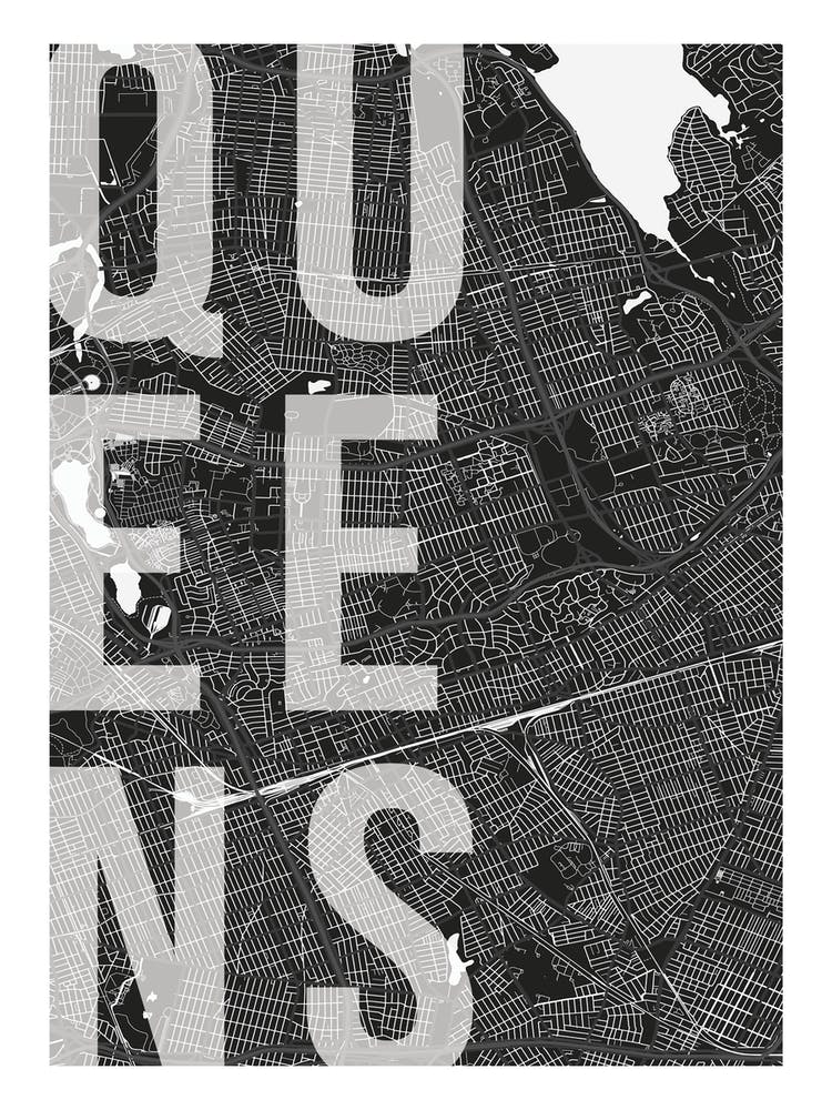 Queens Mono Street Map Text Overlay
