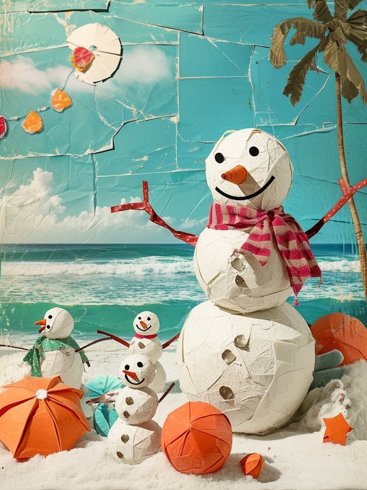 Retro Kitsch Snowmen On The Beach 1