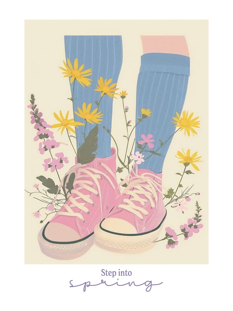 Step Into Spring Illustration Pink Sneakers And Flowers 1