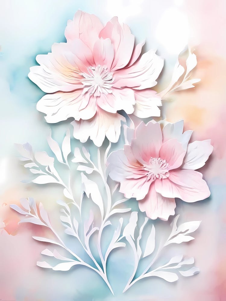 Paper Flowers On Watercolor Background