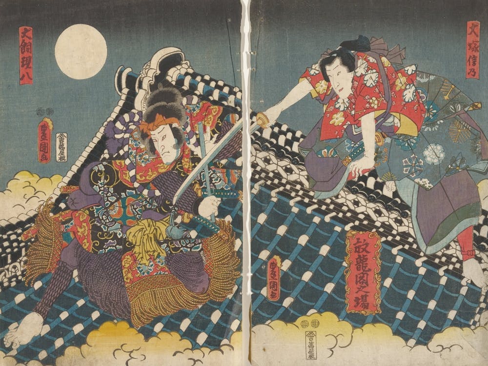 Vertical Ōban Diptych; Two Figures Engaged In A Battle On A Black, Blue And White Roof, With Clouds Below And Moo