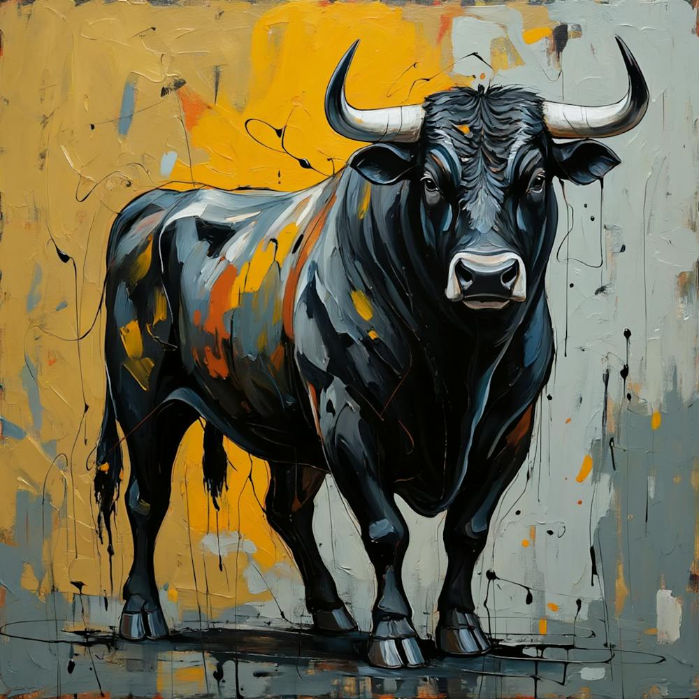An expressionist painting of a powerful black bull with white horns