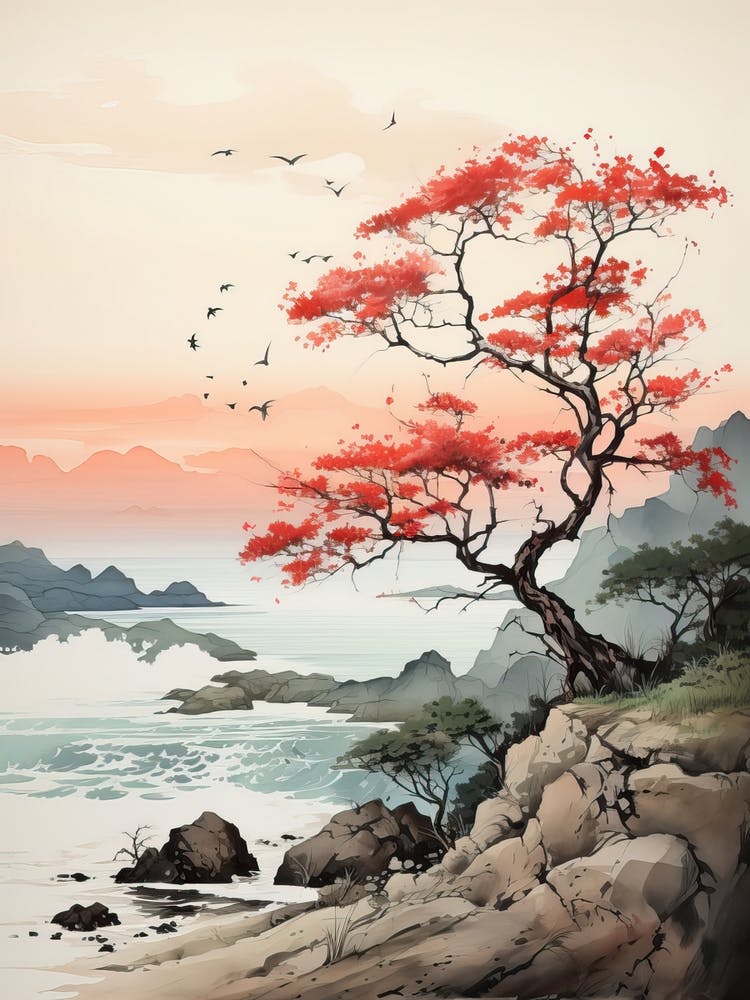 Okinawa Islands In Okinawa, Japanese Brush Painting, Ukiyo E, Minimal 1