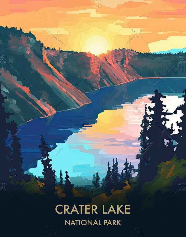 Crater Lake National Park Travel Poster Illustration Style 1