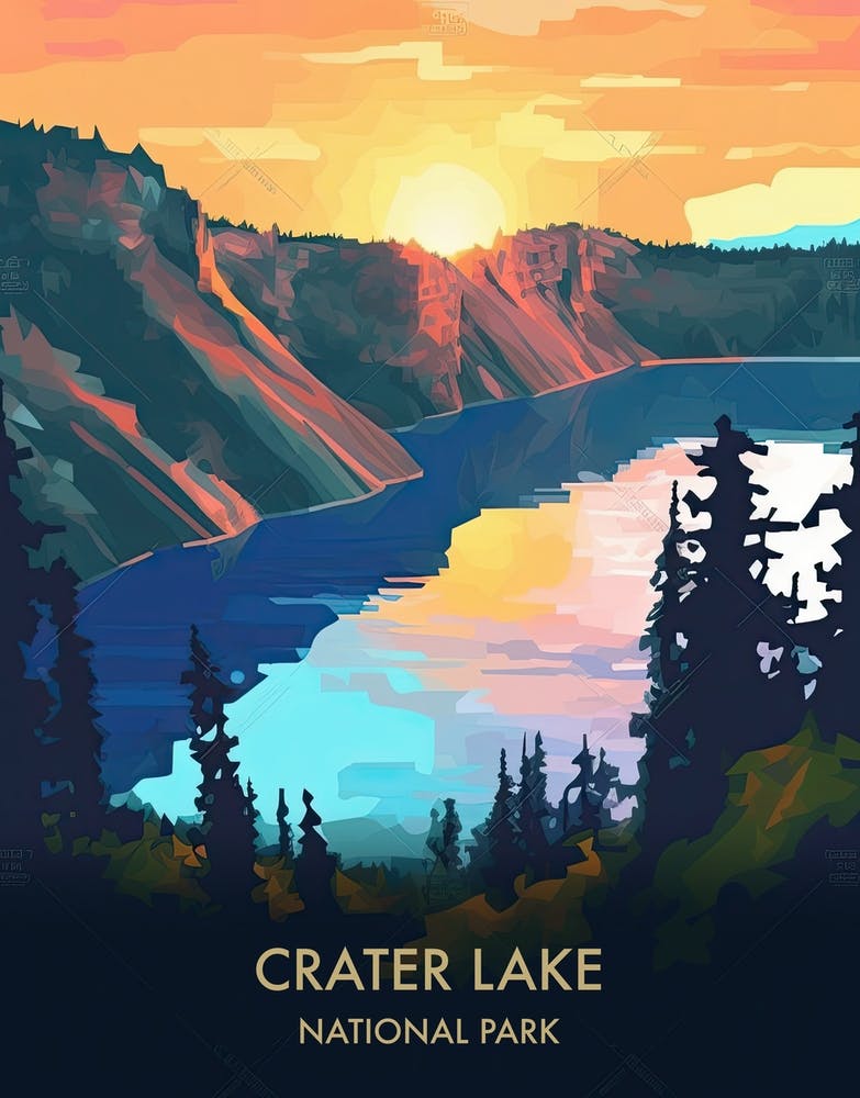 Crater Lake National Park Travel Poster Illustration Style 1