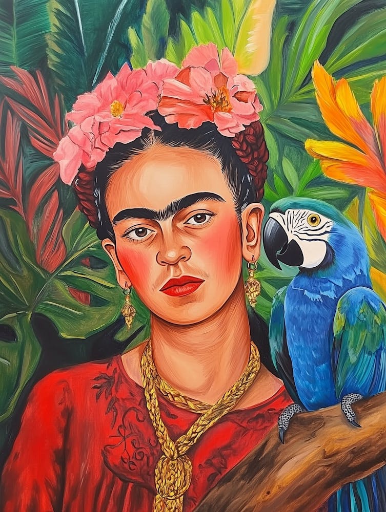 Farbenfrohe Frida Kahlo Mit Papagei Malerei, Florale Malerei