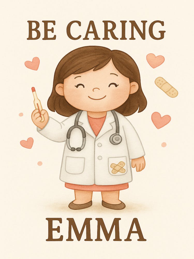 Personalized Doctor Girl Wall Art – Be Caring, Emma – Custom Name Kids Room Print –