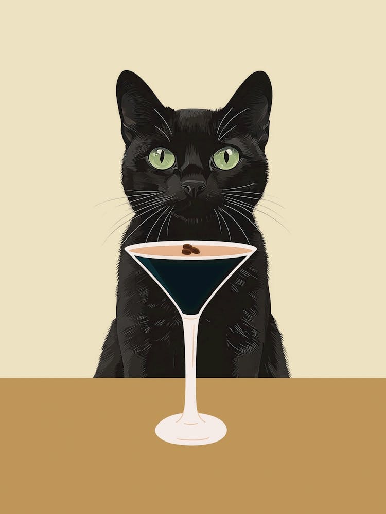 Cat with Espresso martini art in neutral and mustard yellow colors in a minimalist aesthetic, quirky illustration whimsical artwork ideal for kitchens, cafes, coffee bars, bar carts, fun contemporary art for an eclectic living room