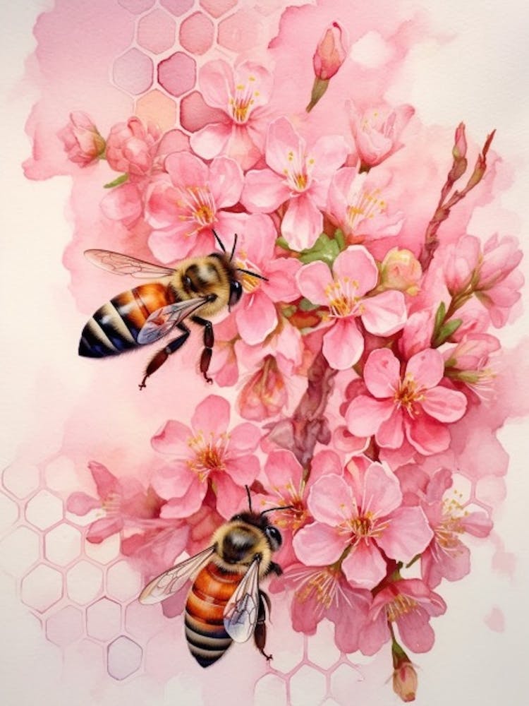 Beehive With Cherry Blossom Watercolour Illustration 2