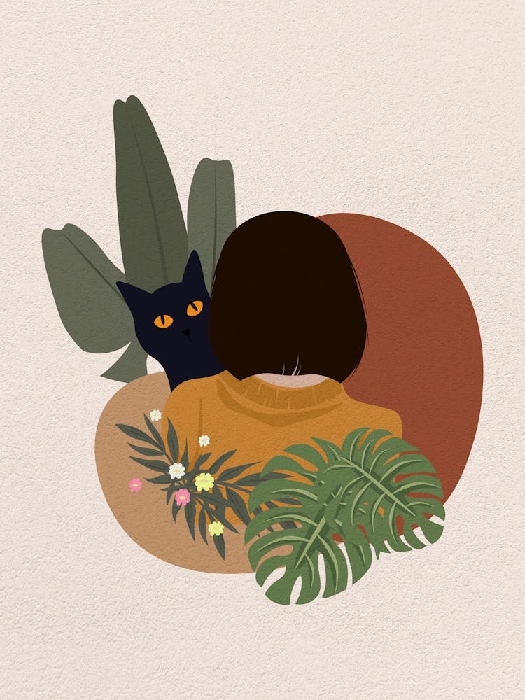 Minimal art Illustration Of A Woman With A Cat and plant