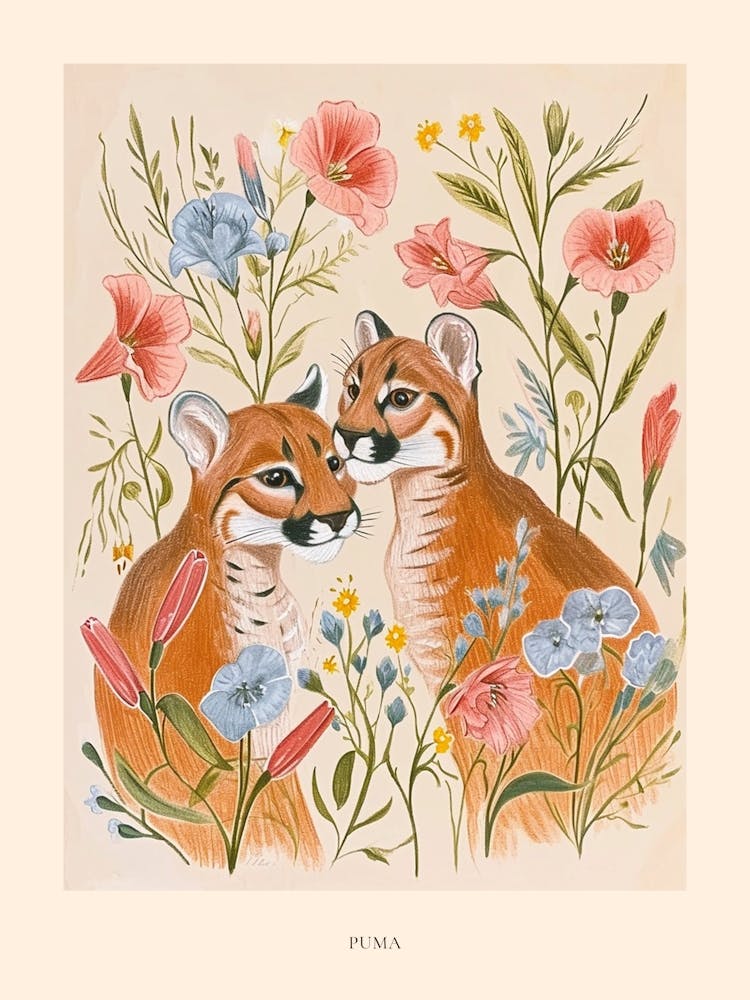 Folksy Floral Animal Drawing Puma Poster