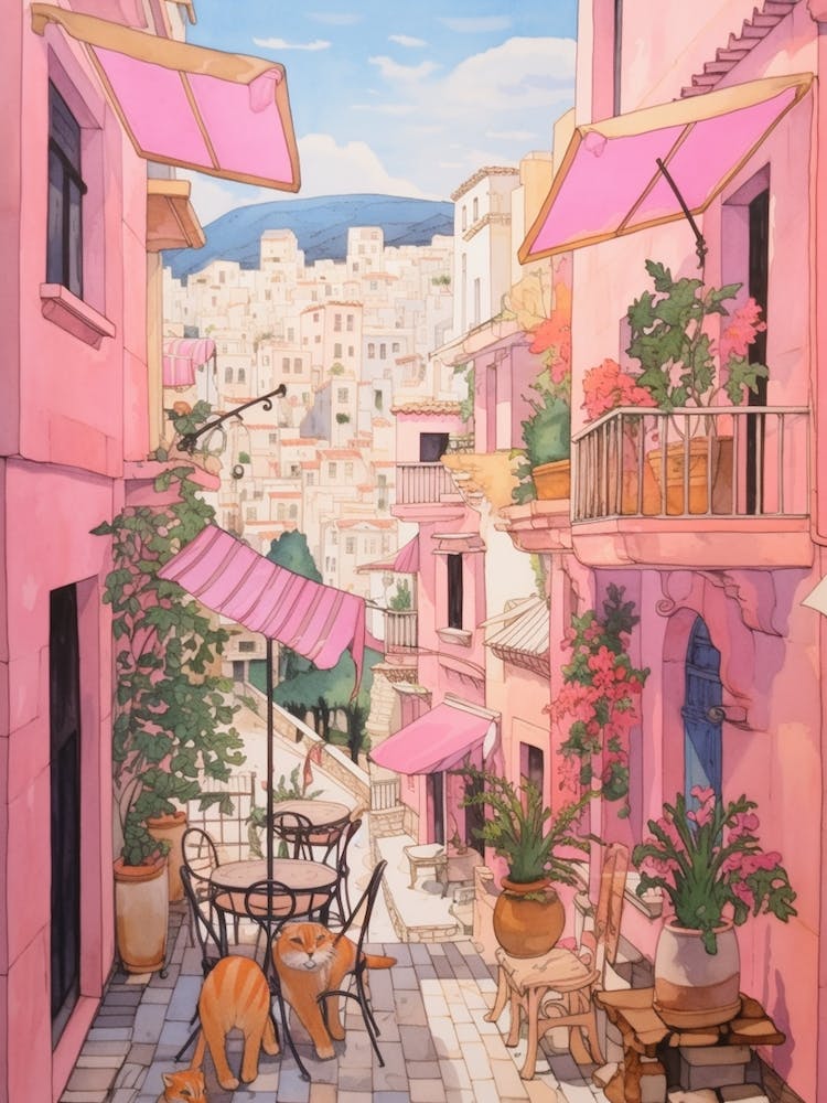 Kusadasi Turkey 1 Vintage Pink Travel Illustration