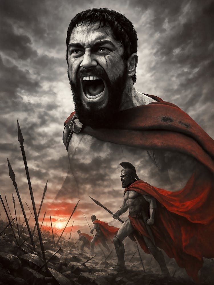 300 Movie Poster - Spartan Warrior Leonidas: Stand with Leonidas in this epic Spartan battle scene inspired by the movie 300. Featuring Gerard Butler, war cries, Greek honor, and battlefield glory – this poster captures the heroic spirit of Sparta, perfec