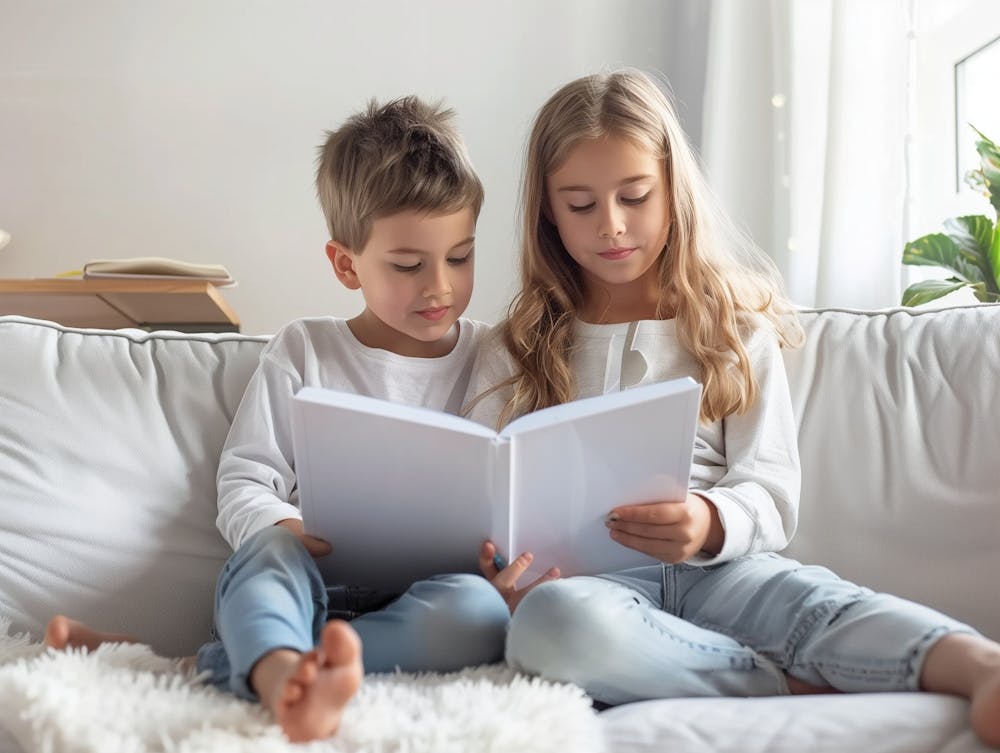 Create A Photorealistic Image Of A Boy And A Girl, Approximately 8 Years Old, Sitting On A Couch In A White Room With Natural Lighting