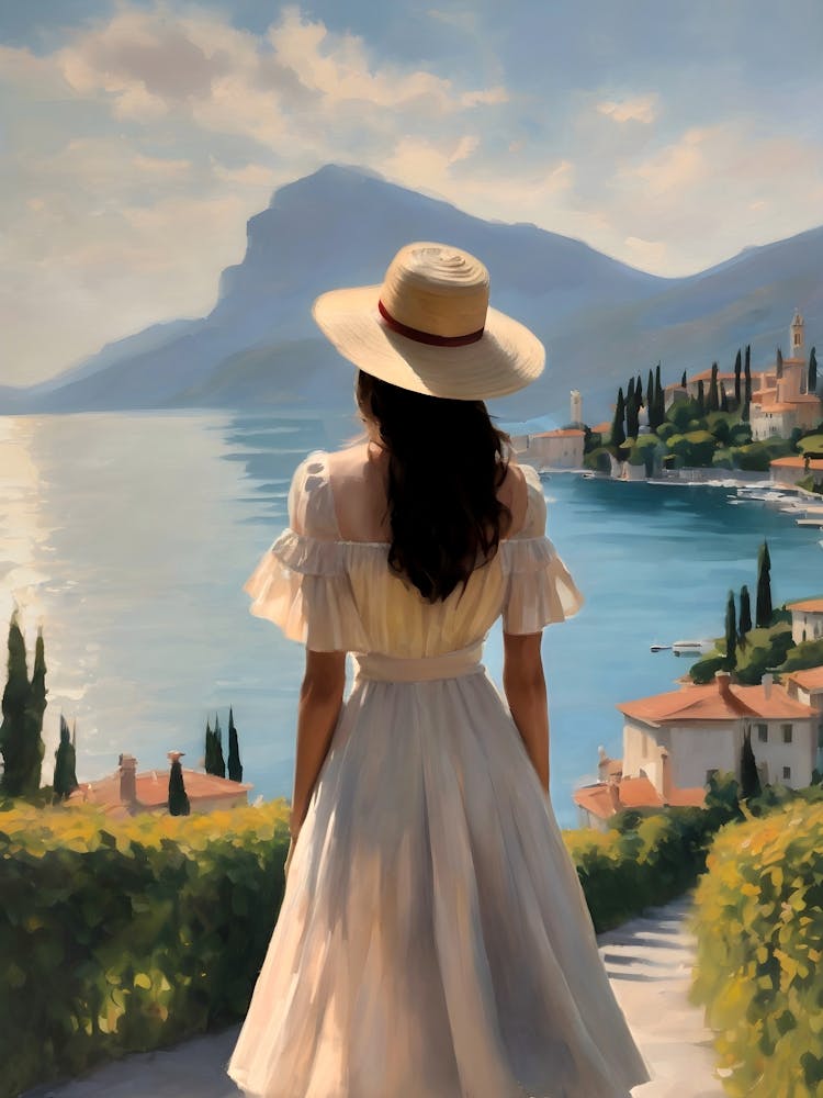 Woman at Lake Garda Painting in Beautiful Dress and Straw Hat 1