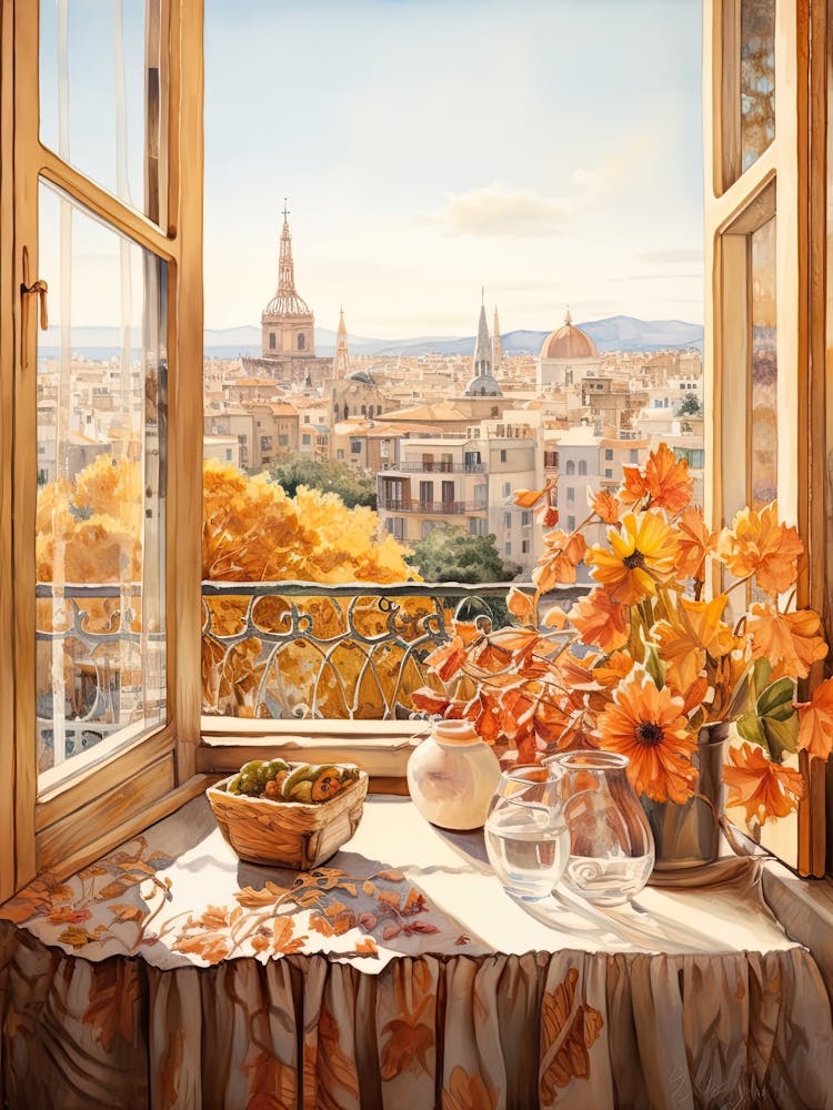 Window View Of Barcelona Spain In Autumn Fall, Watercolour 4