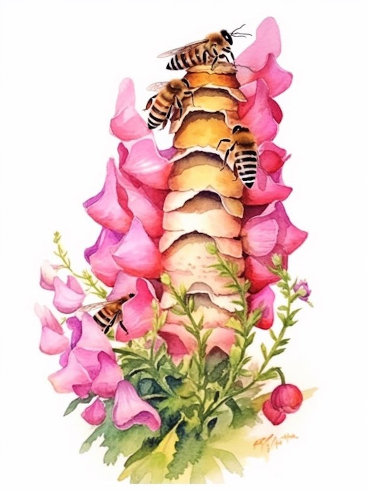Ruche avec Muflier Illustration à l'Aquarelle 2