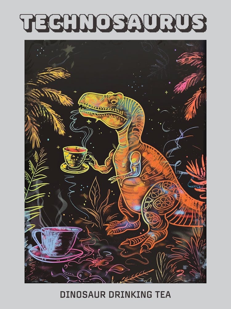 Neon Yellow Dinosaur Drinking Tea Poster
