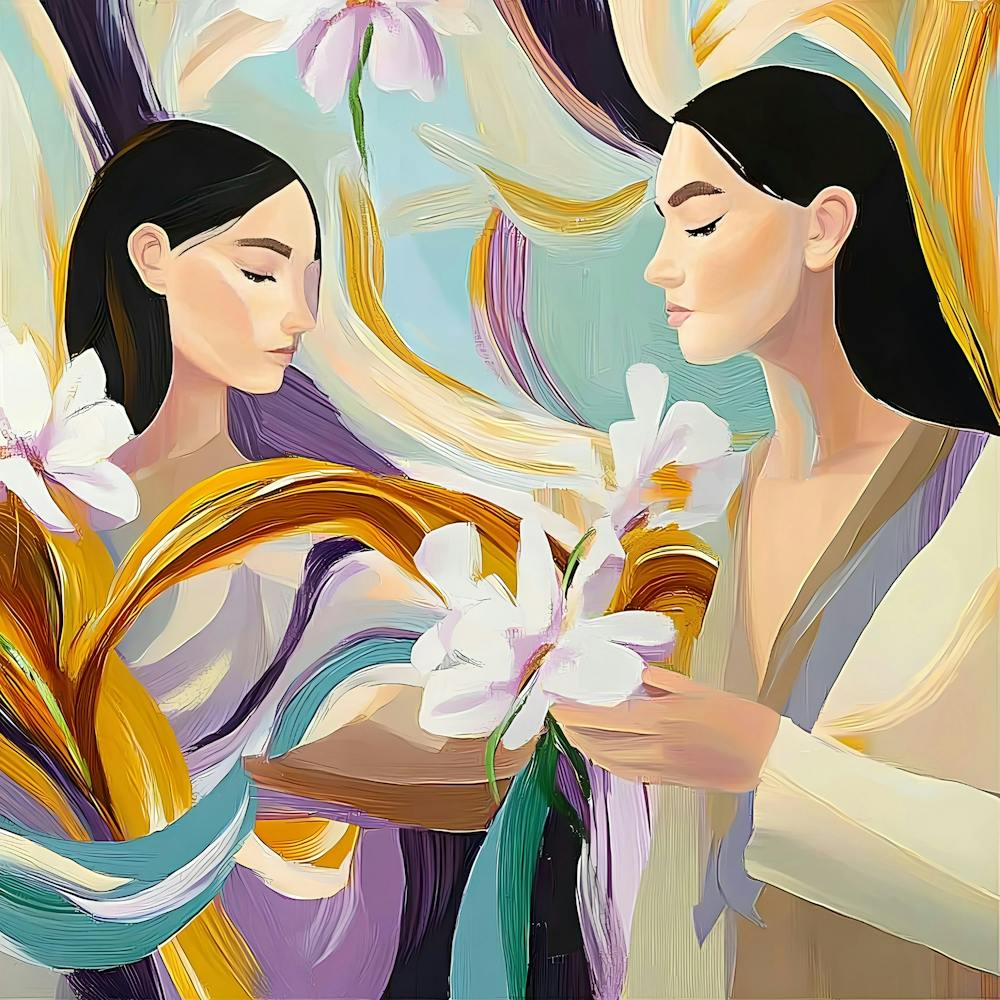 Two Women Holding Flowers