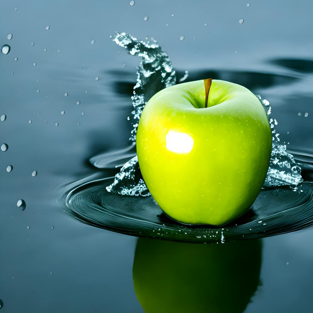 Green Apple With Calm Background And Image Of Water Hitting It (1)